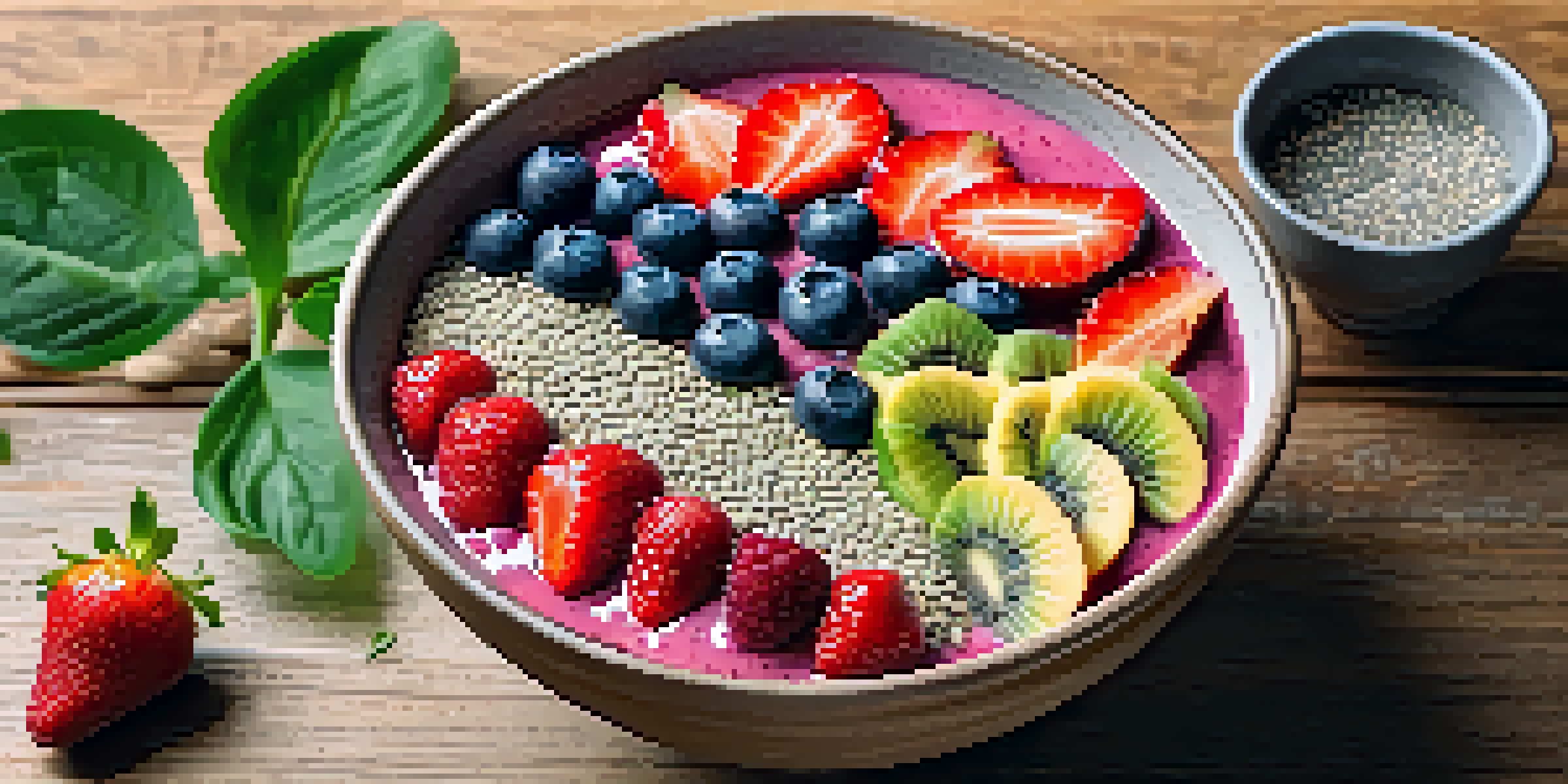A colorful smoothie bowl with fruits, chia seeds, and ashwagandha powder on a wooden table surrounded by green plants.