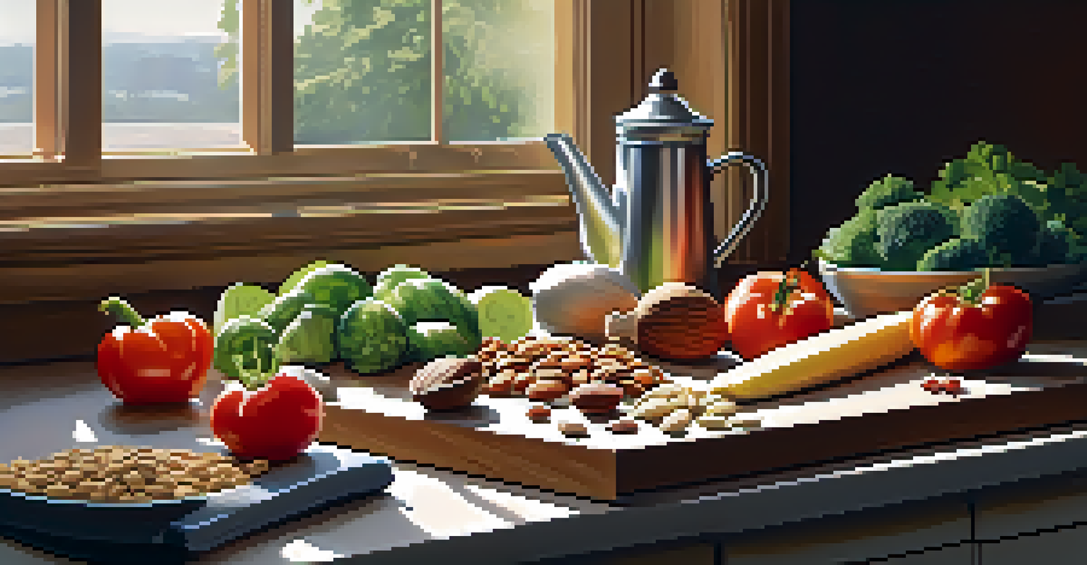 A kitchen countertop with a cutting board filled with nuts, seeds, and raw vegetables, illuminated by sunlight.