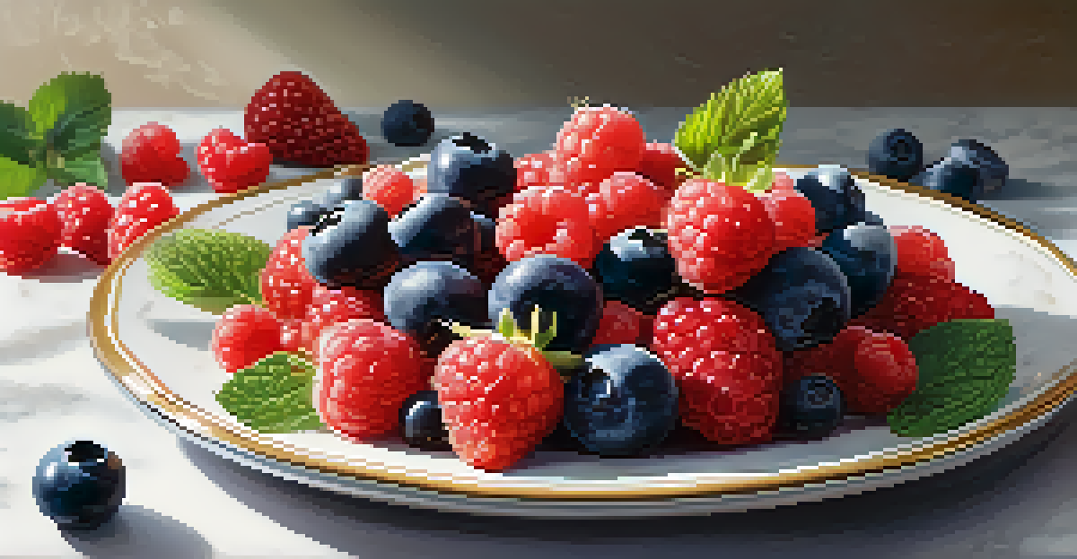 A plate filled with fresh mixed berries, including blueberries, strawberries, and raspberries, garnished with mint leaves, on a marble countertop.