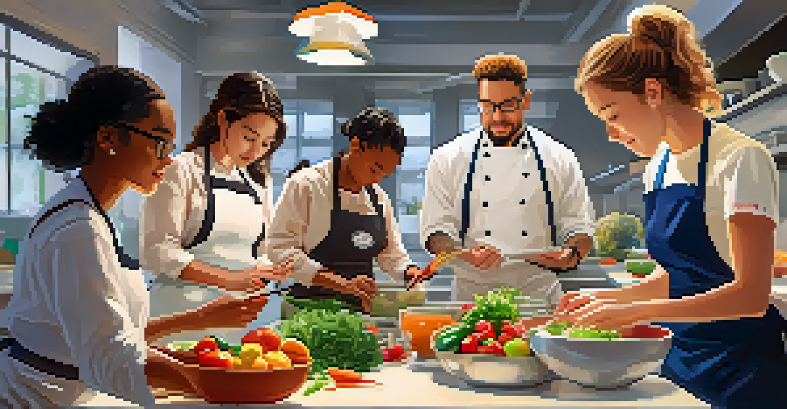 A cooking class with students learning raw food preparation from an instructor, surrounded by colorful ingredients and a bright classroom atmosphere.