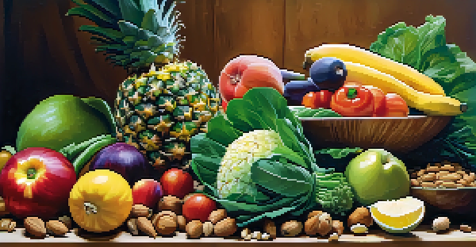 A colorful arrangement of raw fruits and vegetables on a wooden table, including pineapples, papayas, broccoli, and spinach, with natural lighting.