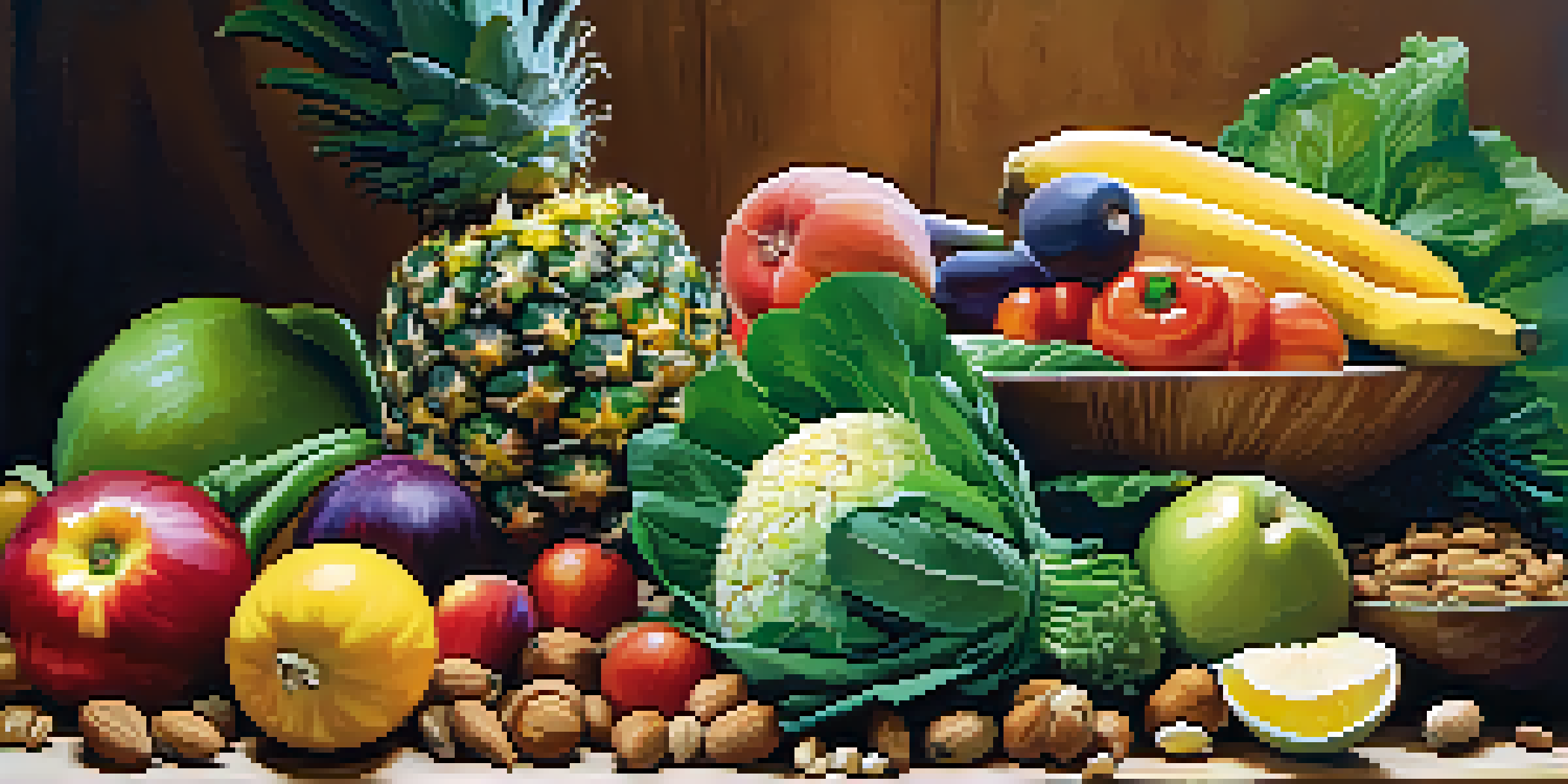 A colorful arrangement of raw fruits and vegetables on a wooden table, including pineapples, papayas, broccoli, and spinach, with natural lighting.