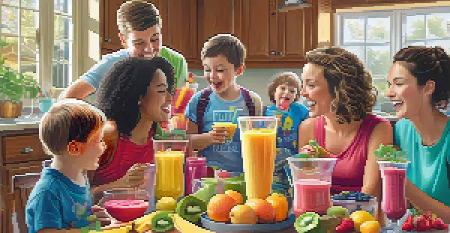 A family enjoying a smoothie-making activity together in a lively kitchen.