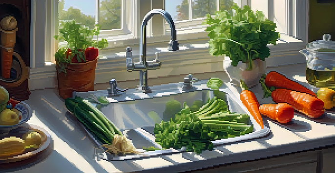A sunny kitchen with a sink full of fresh vegetables, a vegetable brush, and a bowl of water, emphasizing cleanliness and food preparation.