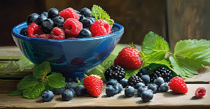A bowl of fresh berries including blueberries, strawberries, and raspberries on a wooden table with greens in the background.