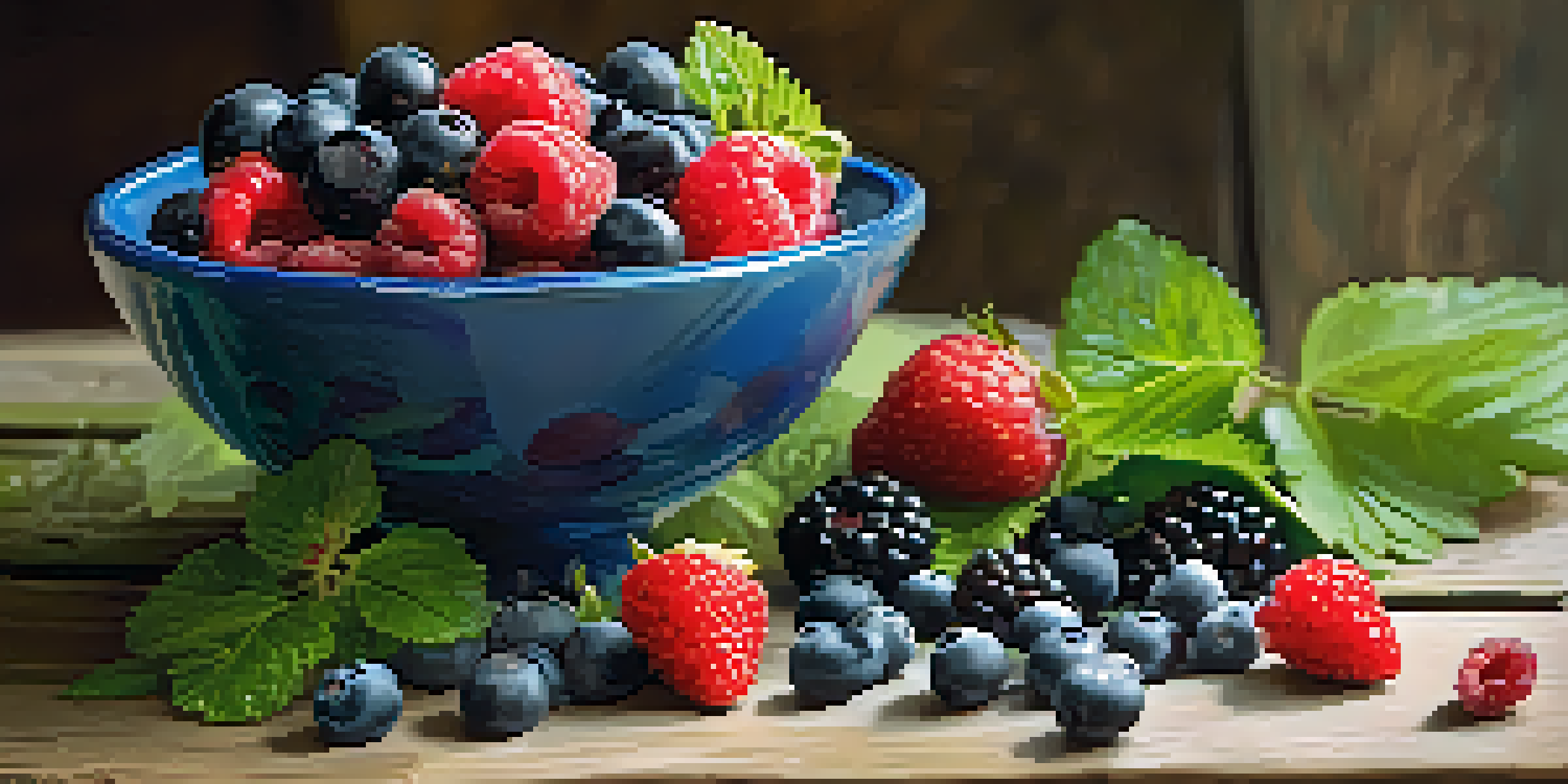 A bowl of fresh berries including blueberries, strawberries, and raspberries on a wooden table with greens in the background.