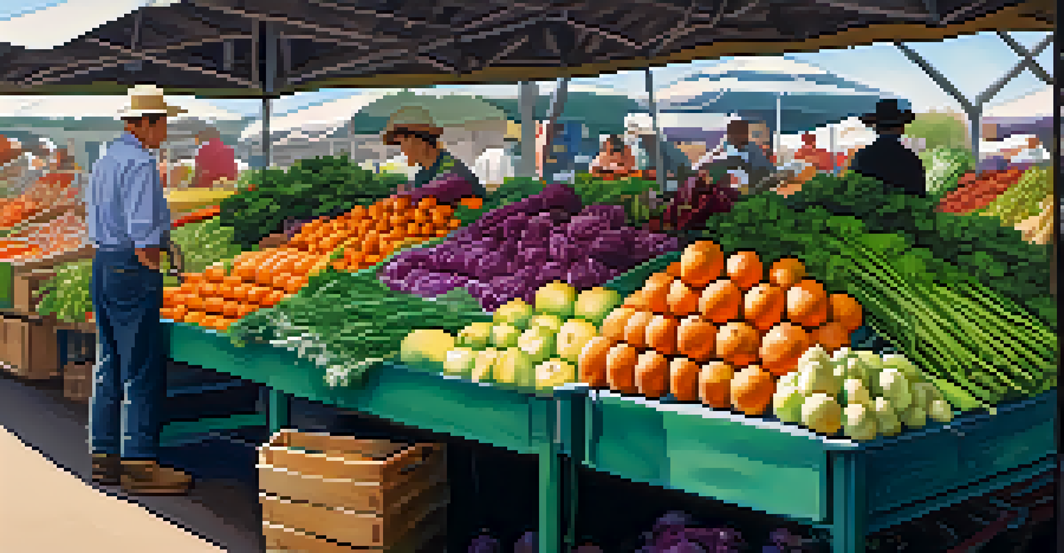 A farmer's market stall filled with colorful seasonal produce and a farmer interacting with a customer.