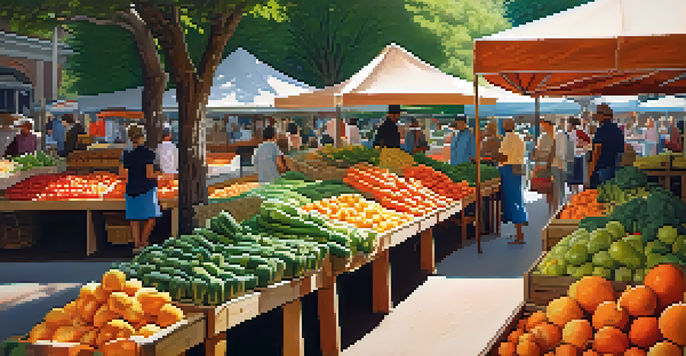 A lively farmer's market showcasing colorful fruits and vegetables in baskets under a wooden canopy, illuminated by soft morning light.