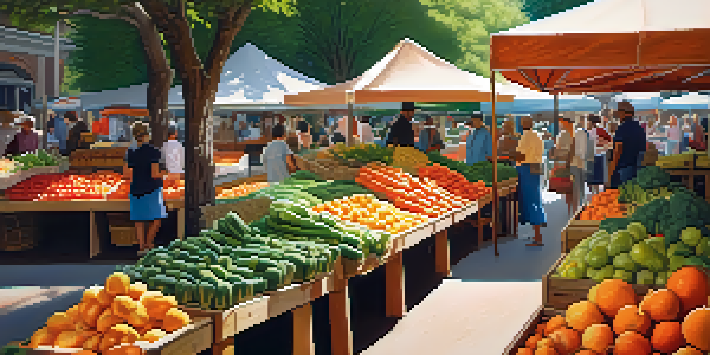 A lively farmer's market showcasing colorful fruits and vegetables in baskets under a wooden canopy, illuminated by soft morning light.
