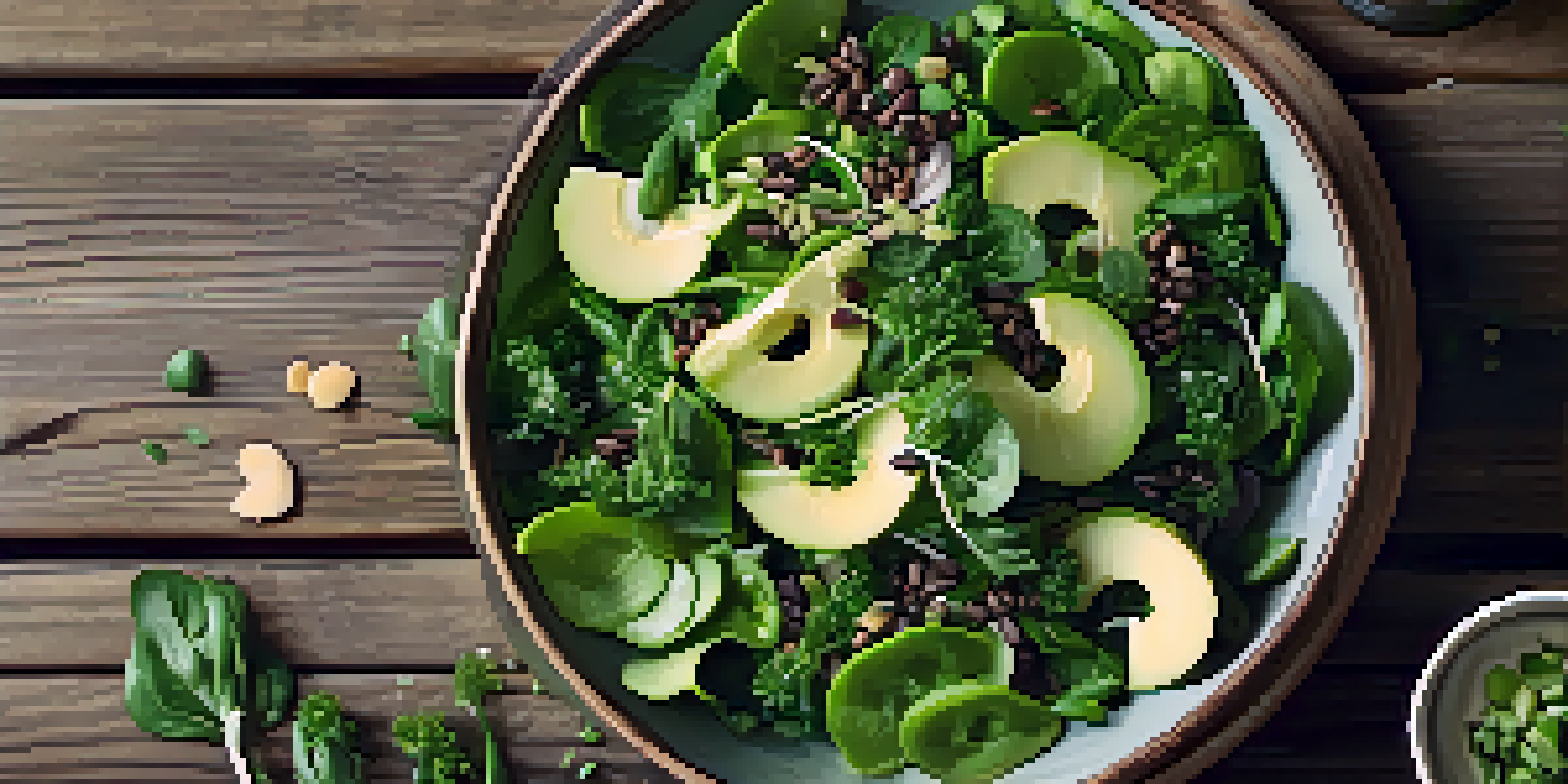 A colorful salad with kale, spinach, asparagus, green apple slices, and sunflower seeds on a wooden table, illuminated by soft natural light.