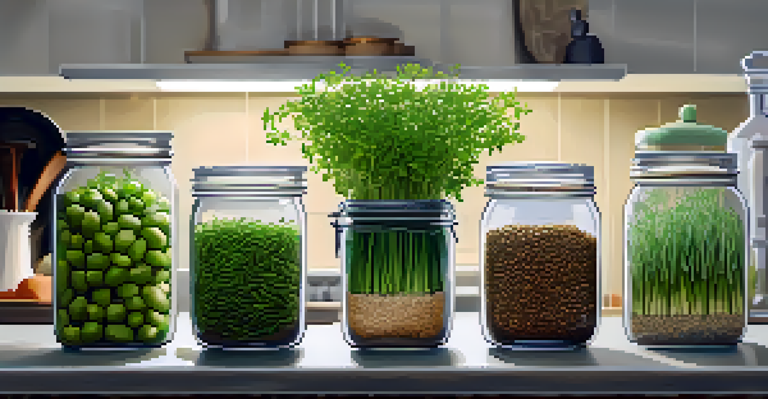 An overhead view of a kitchen countertop with jars of sprouting seeds and bright green sprouts.
