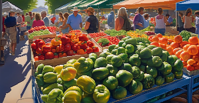 A lively farmers' market displaying a variety of colorful organic fruits and vegetables, with warm sunlight illuminating the scene and people happily interacting.