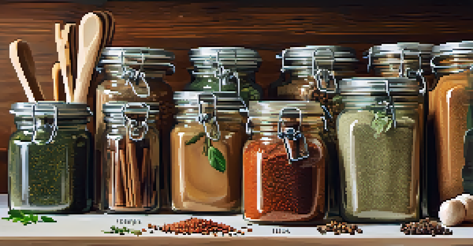 A rustic kitchen scene featuring glass jars of dried spices and fresh herbs on a countertop.