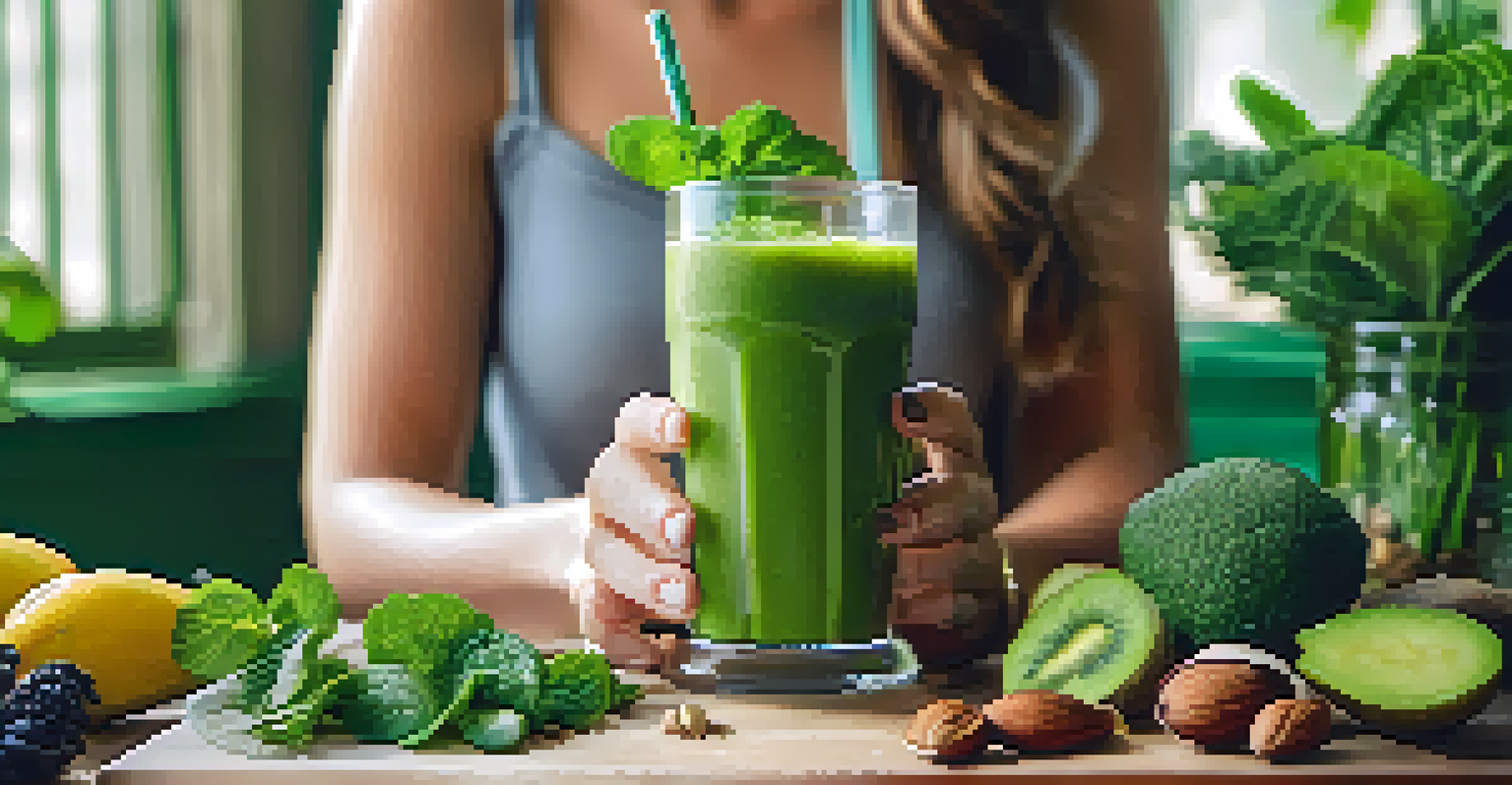 A close-up of a hand holding a glass of green smoothie, surrounded by fresh greens, nuts, and seeds.