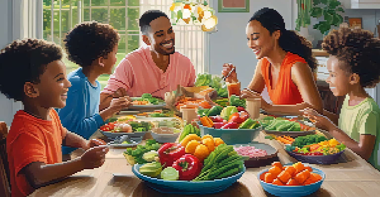 A family enjoying a meal together, featuring colorful raw foods on the table, creating a warm and inviting atmosphere.