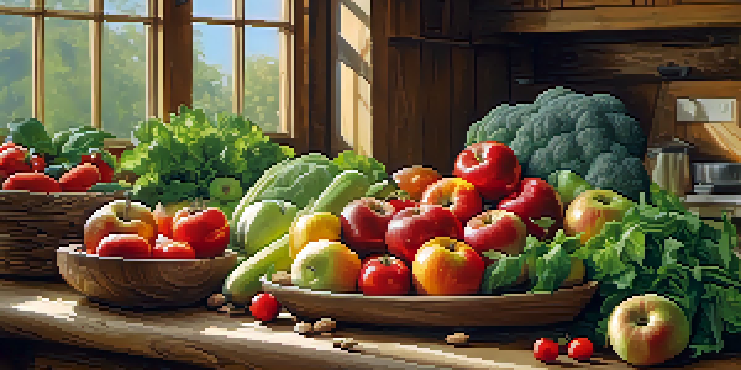 A colorful display of fresh raw fruits and vegetables on a wooden table, showcasing vibrant colors and textures.