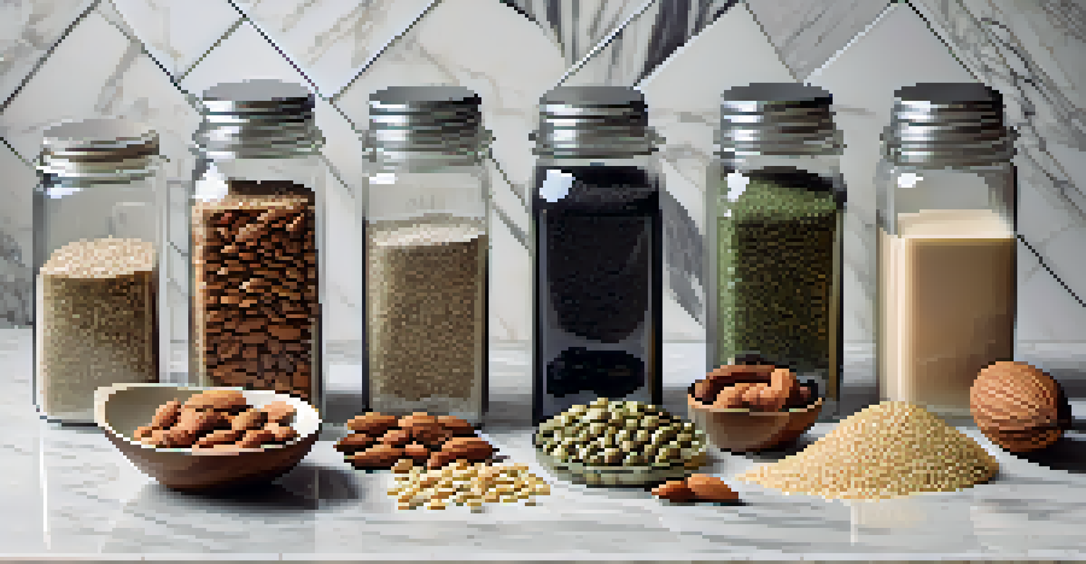 An artistic display of raw protein sources like almonds and chia seeds on a marble countertop, complemented by a green plant in the background.