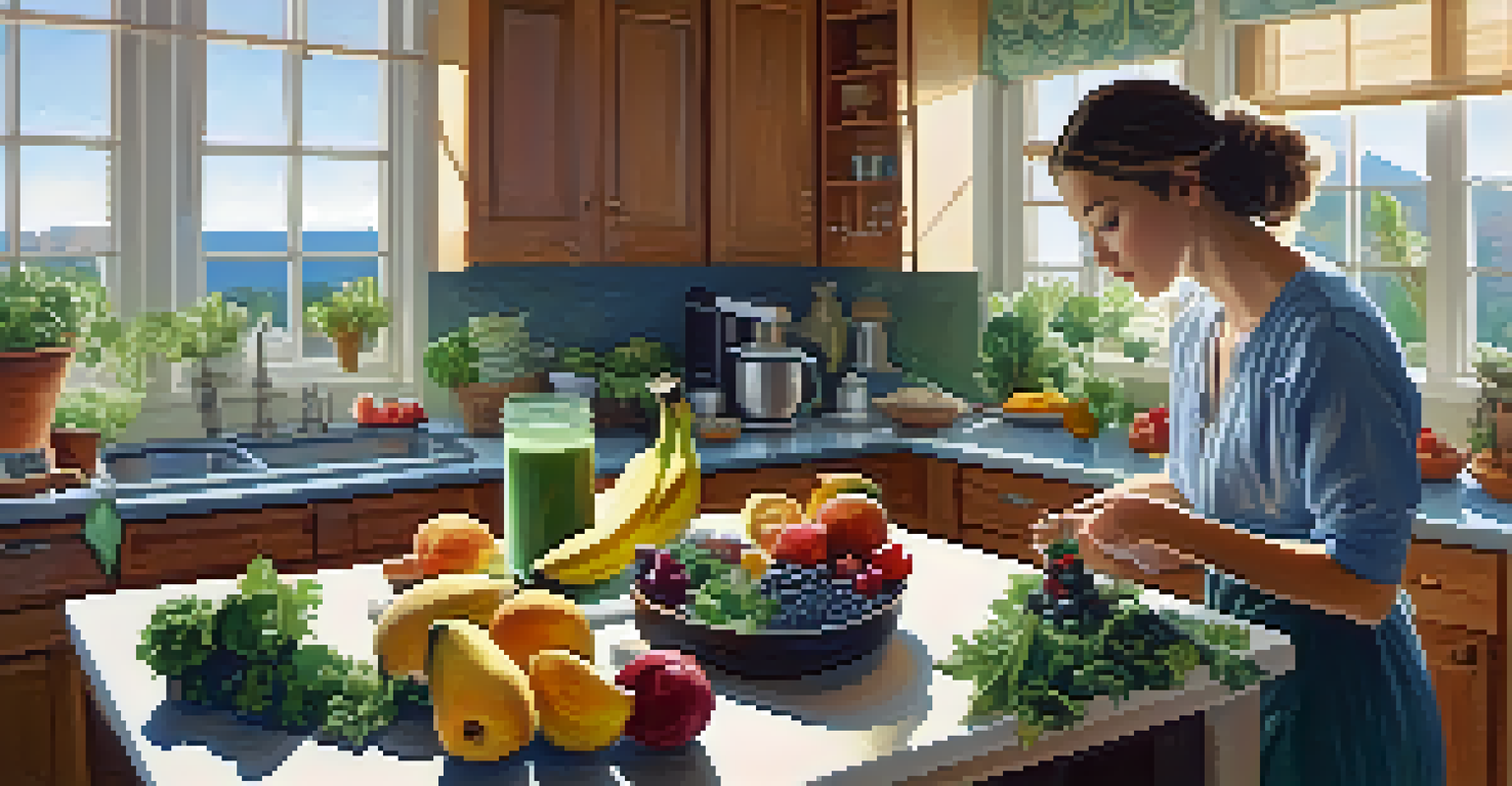 A person making a smoothie in a bright kitchen, surrounded by fresh raw ingredients.