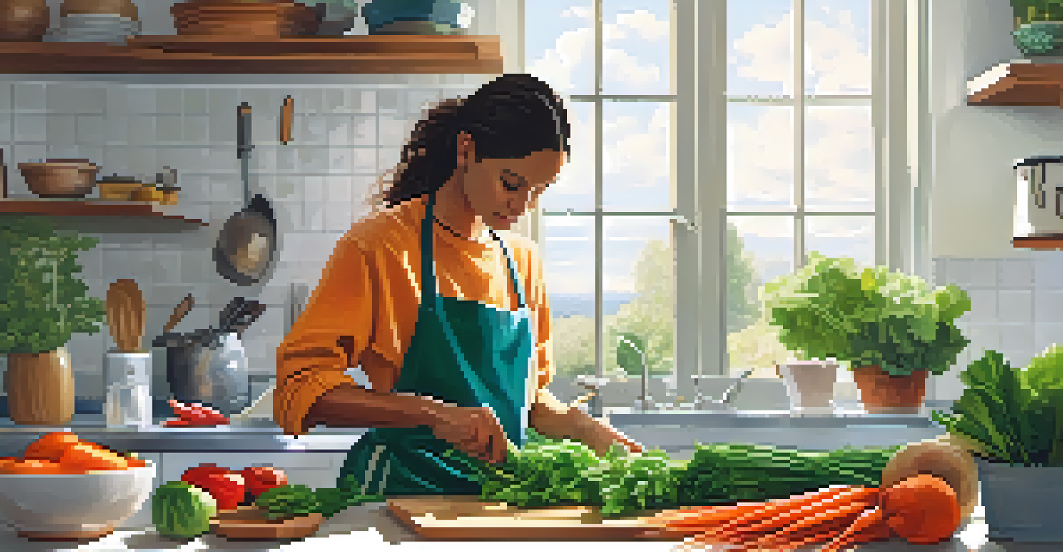 A kitchen scene with a person chopping fresh vegetables on a cutting board, surrounded by colorful produce and illuminated by natural light.