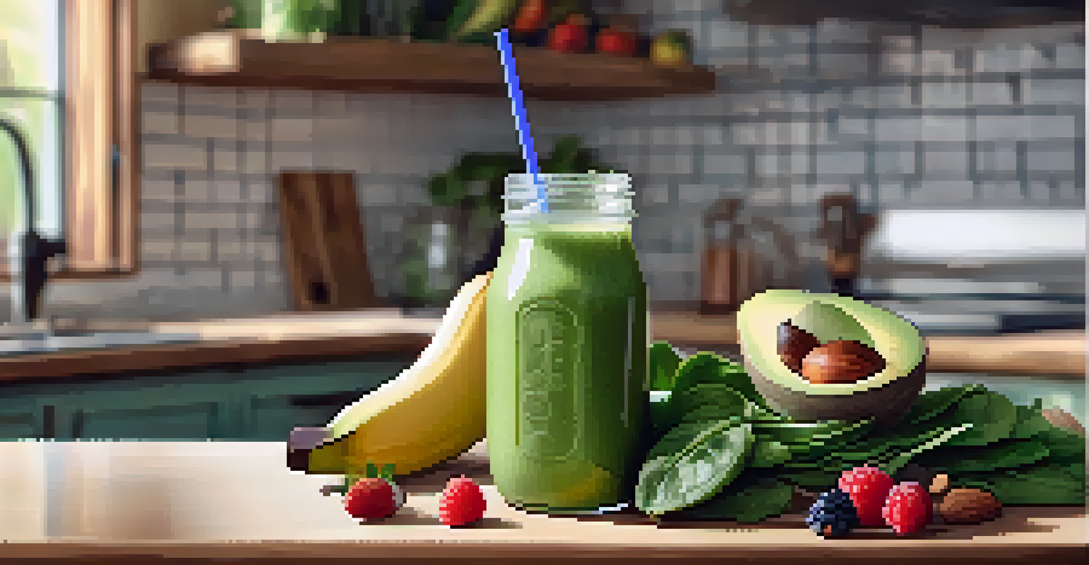 A close-up of a blender containing a green smoothie made from spinach and banana, surrounded by fresh ingredients in a sunlit kitchen.