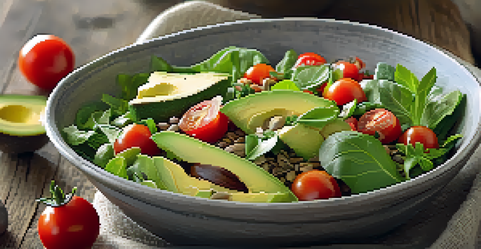 A colorful raw vegan salad bowl with fresh vegetables and seeds, placed on a wooden table with sunlight illuminating the ingredients.