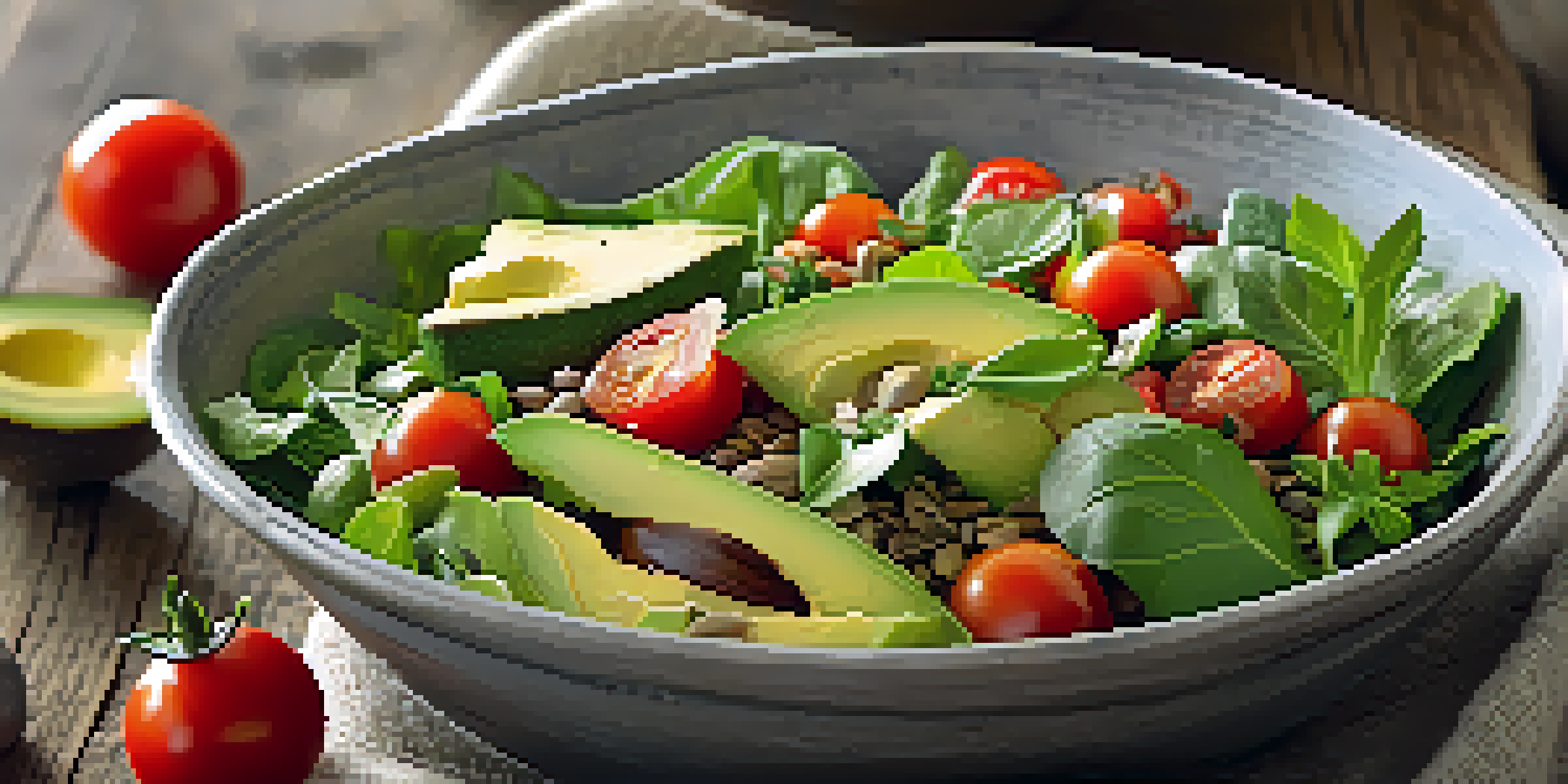 A colorful raw vegan salad bowl with fresh vegetables and seeds, placed on a wooden table with sunlight illuminating the ingredients.