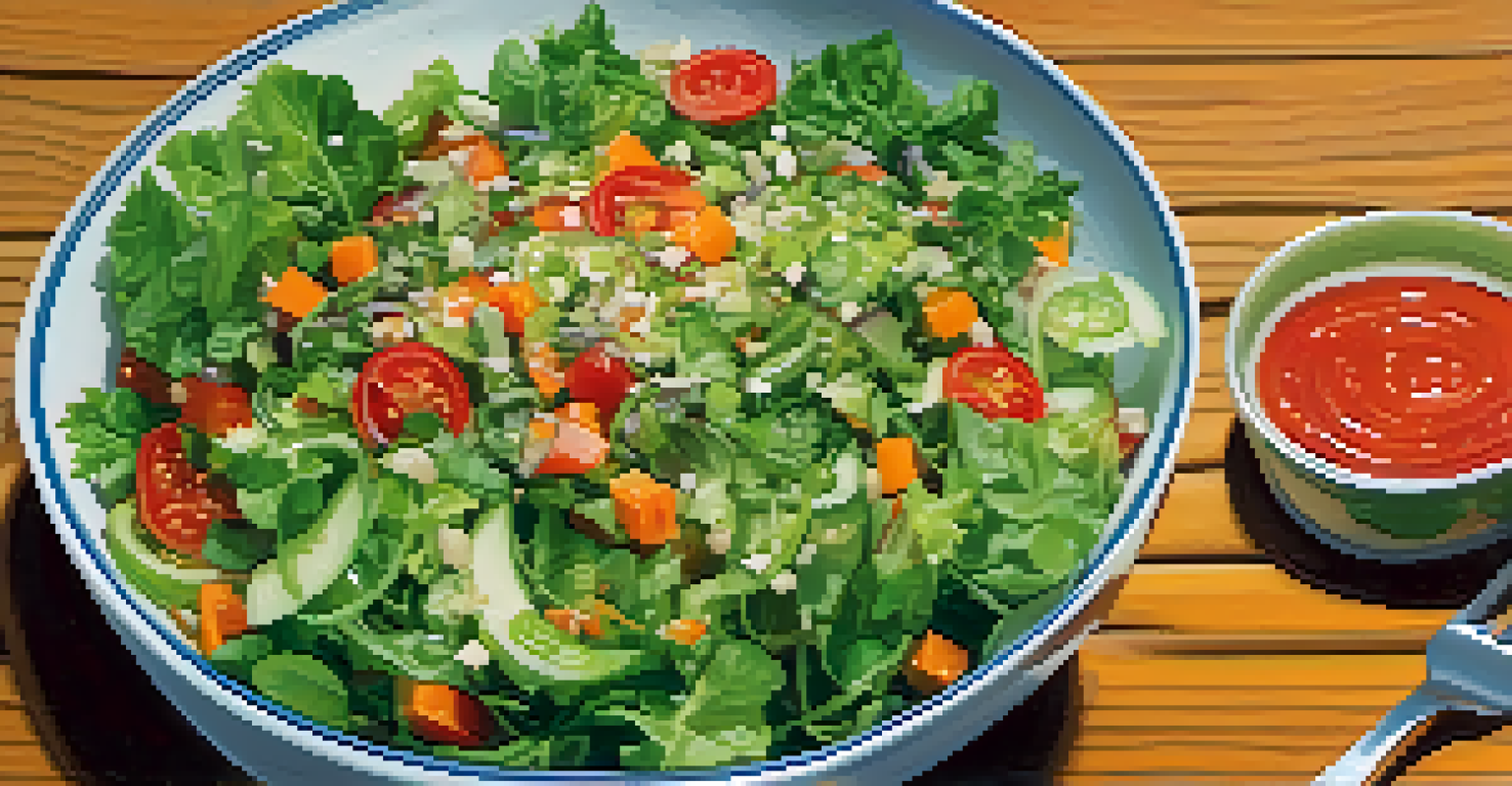 A vibrant salad in a glass bowl on a wooden table, accompanied by a fork and dressing, showcasing fresh vegetables.