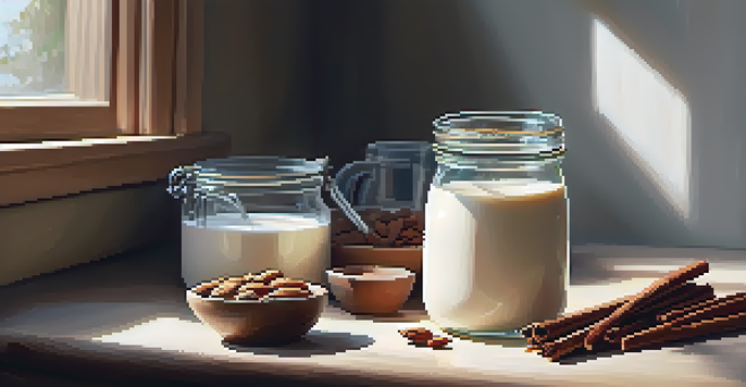 A wooden kitchen countertop with a glass jar of spiced almond milk and bowls of cinnamon, vanilla, and almonds, illuminated by morning light.