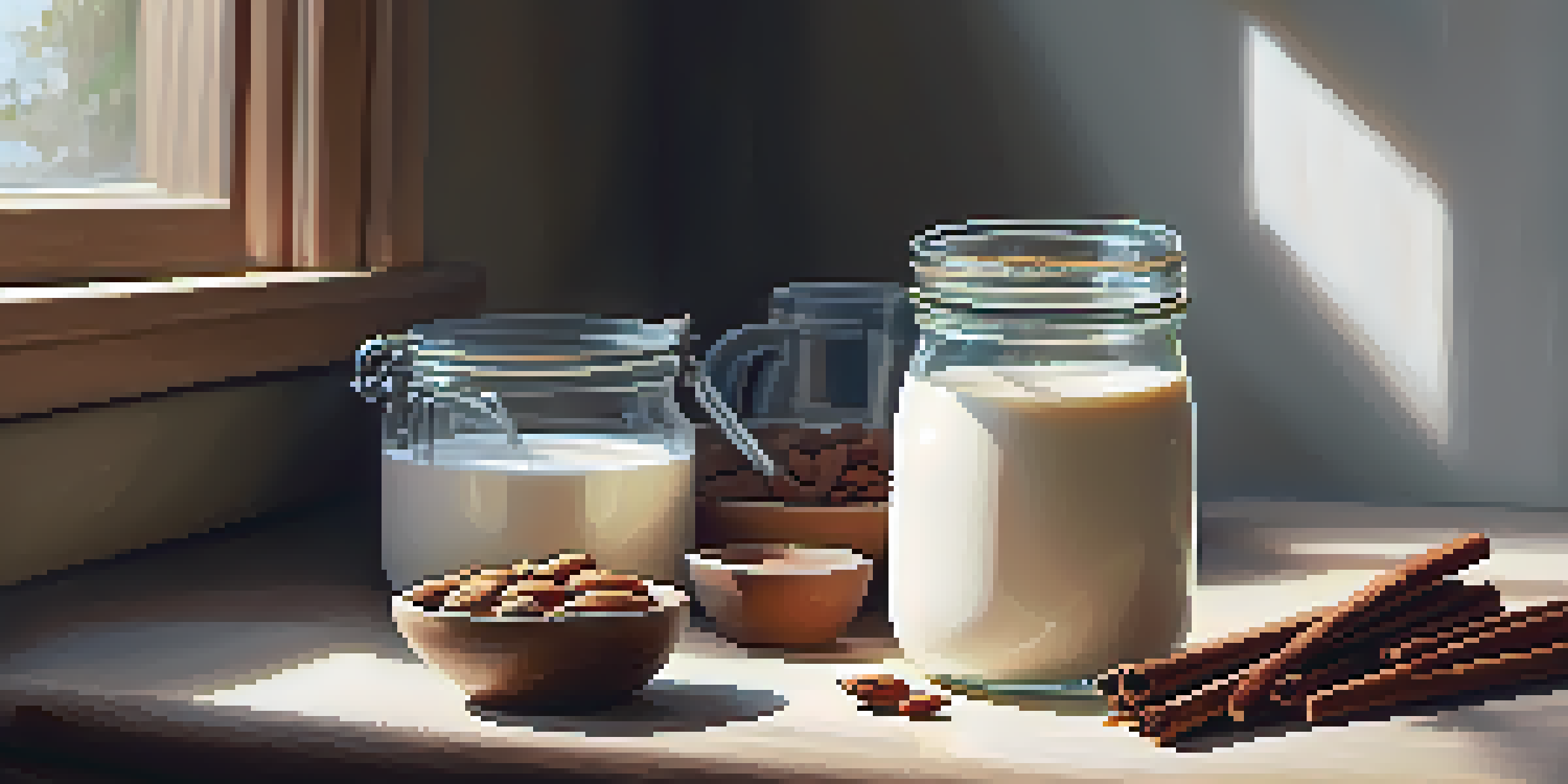 A wooden kitchen countertop with a glass jar of spiced almond milk and bowls of cinnamon, vanilla, and almonds, illuminated by morning light.