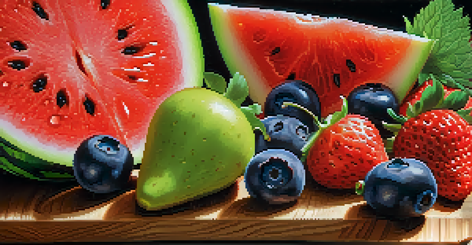 Close-up of assorted seasonal fruits such as strawberries, blueberries, and watermelon slices on a wooden cutting board, showcasing their freshness and vibrant colors.