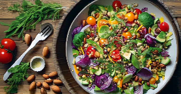 A colorful raw vegan salad made of fresh vegetables, nuts, and seeds on a wooden table, illuminated by soft natural light.