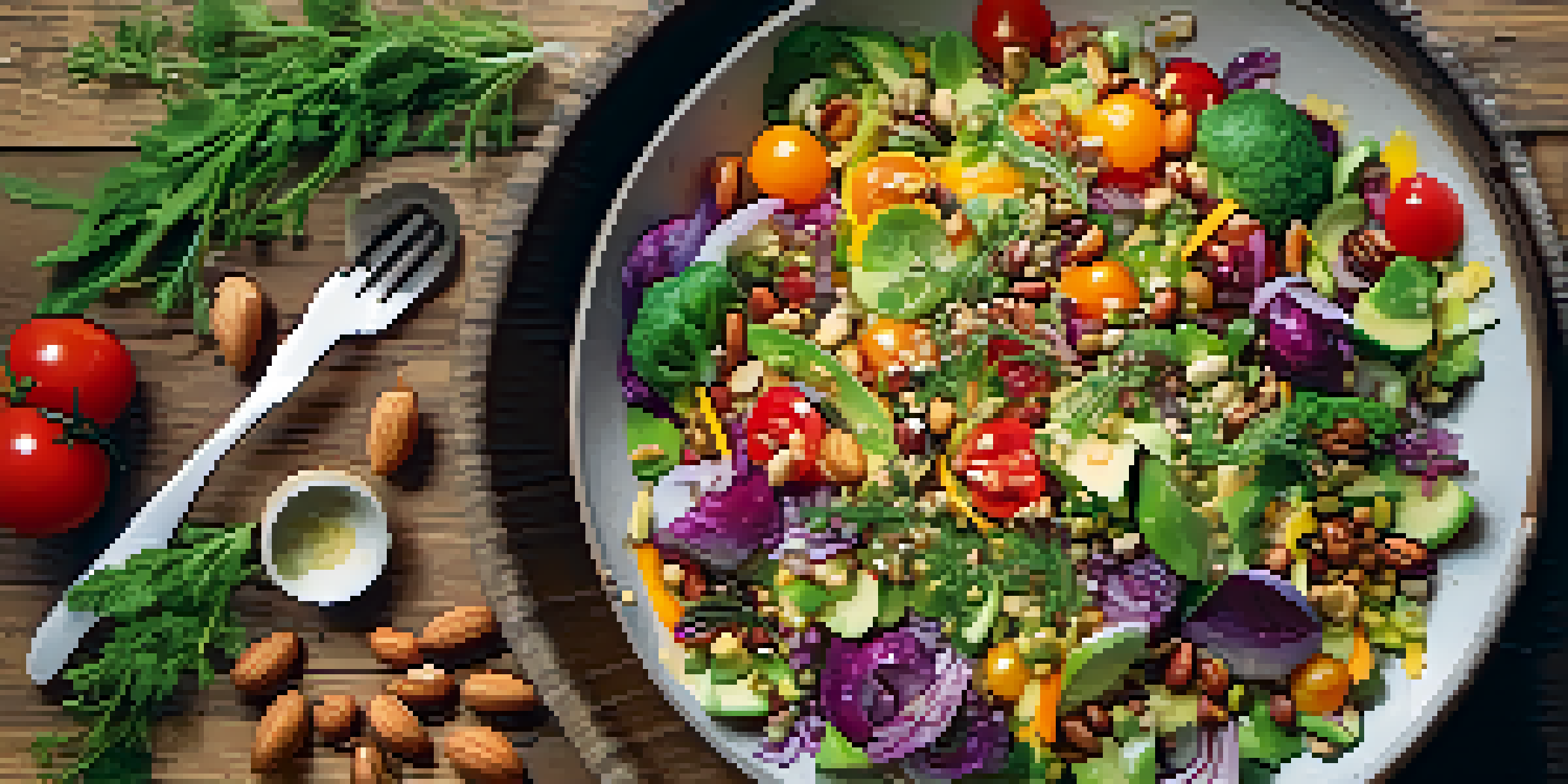 A colorful raw vegan salad made of fresh vegetables, nuts, and seeds on a wooden table, illuminated by soft natural light.