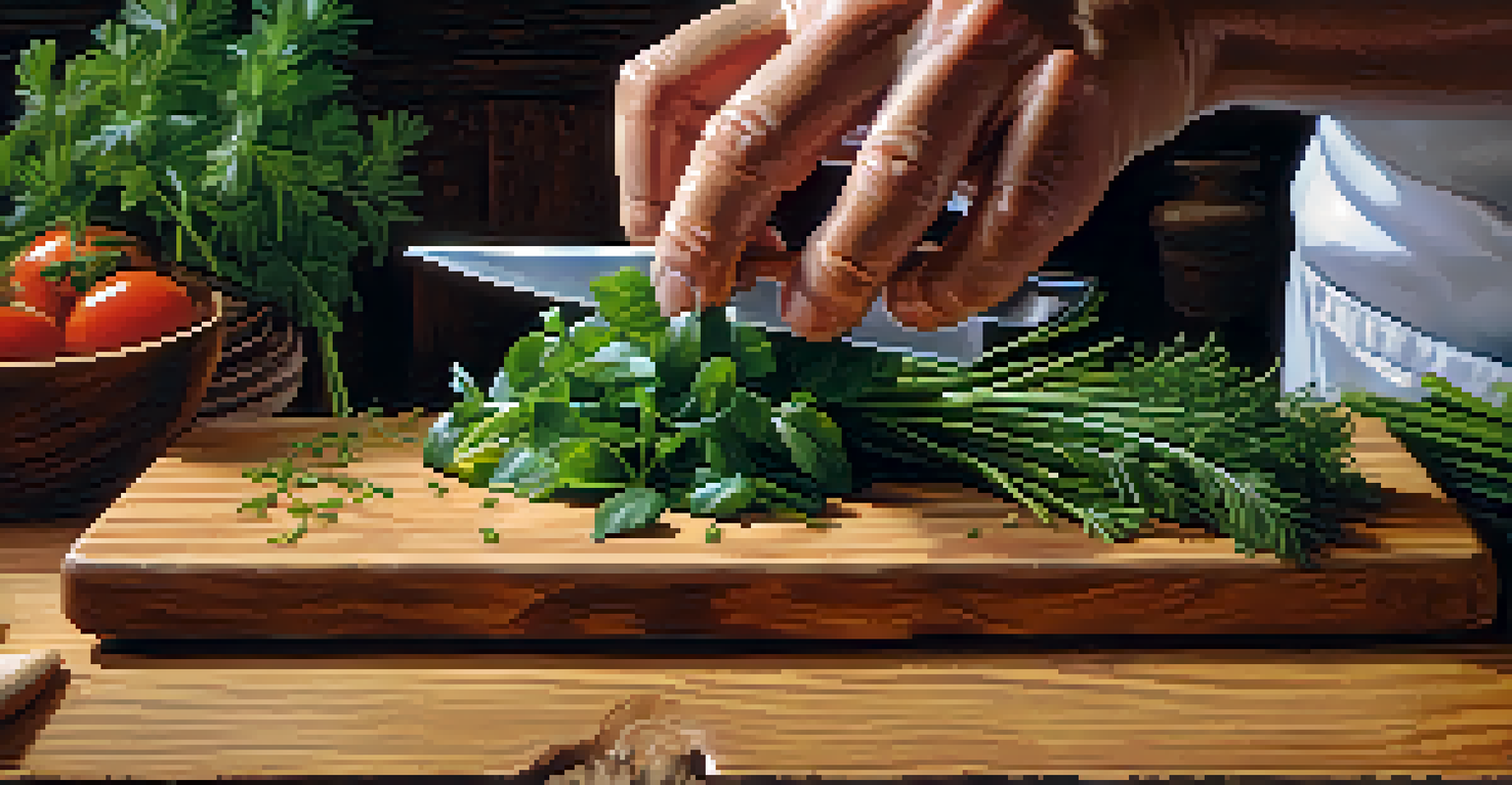 Close-up of hands using a knife to chop herbs on a cutting board, showcasing proper knife skills and techniques.