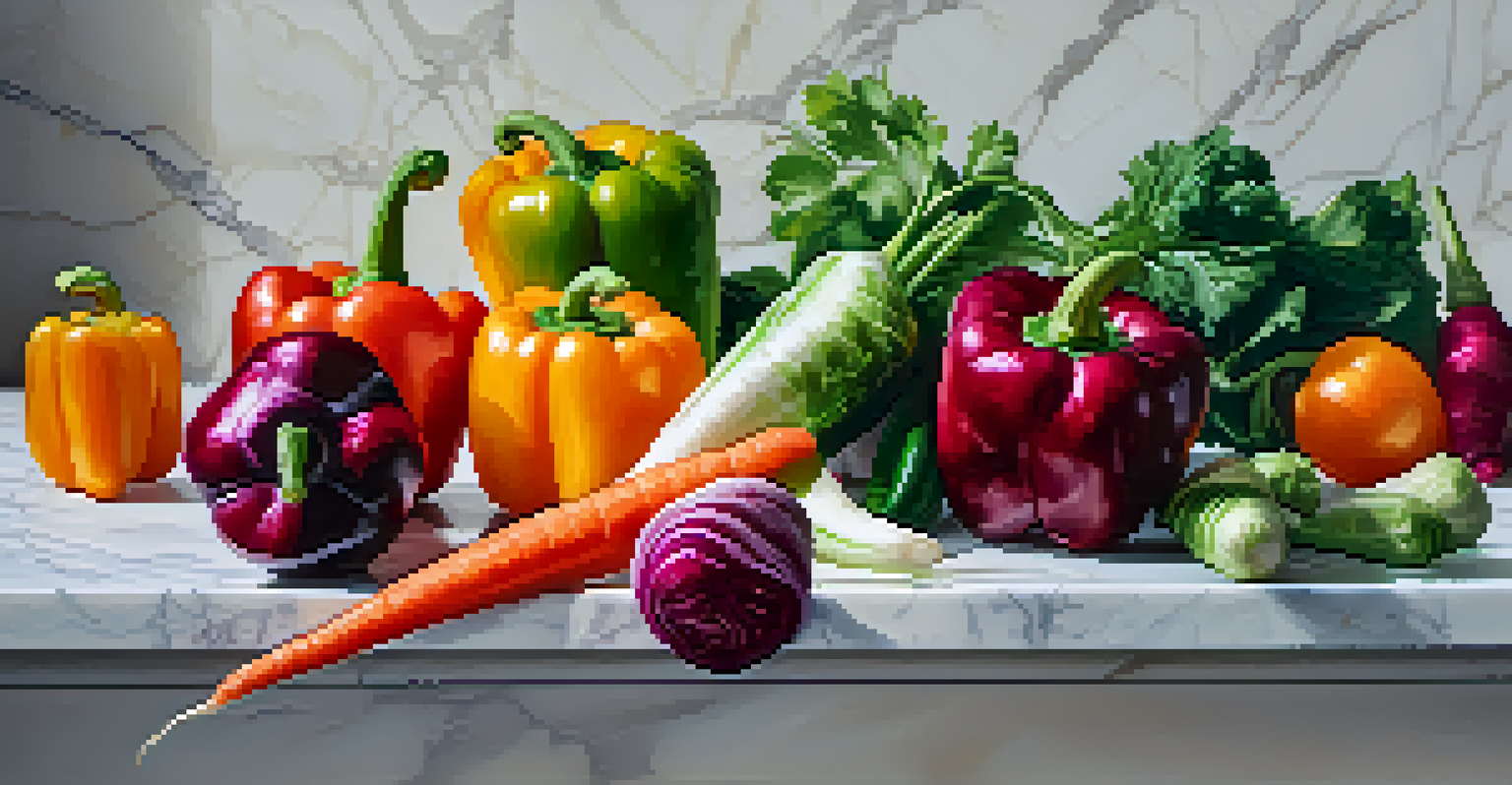 A colorful display of raw vegetables like bell peppers, carrots, and beets on a white marble countertop, highlighting their bright colors and textures.