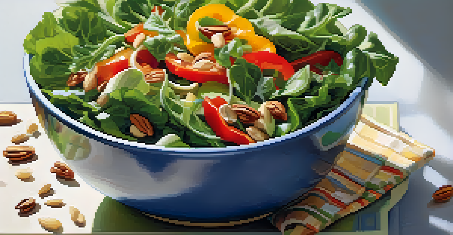 A colorful salad with leafy greens, bell peppers, nuts, and seeds in a bowl.