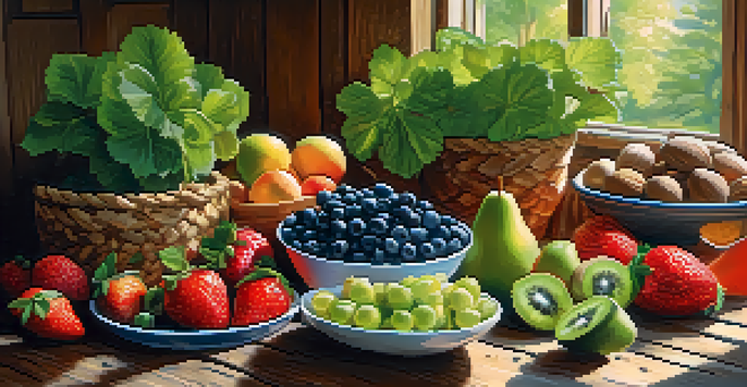 A variety of fresh raw fruits and vegetables displayed on a wooden table, illuminated by natural sunlight.
