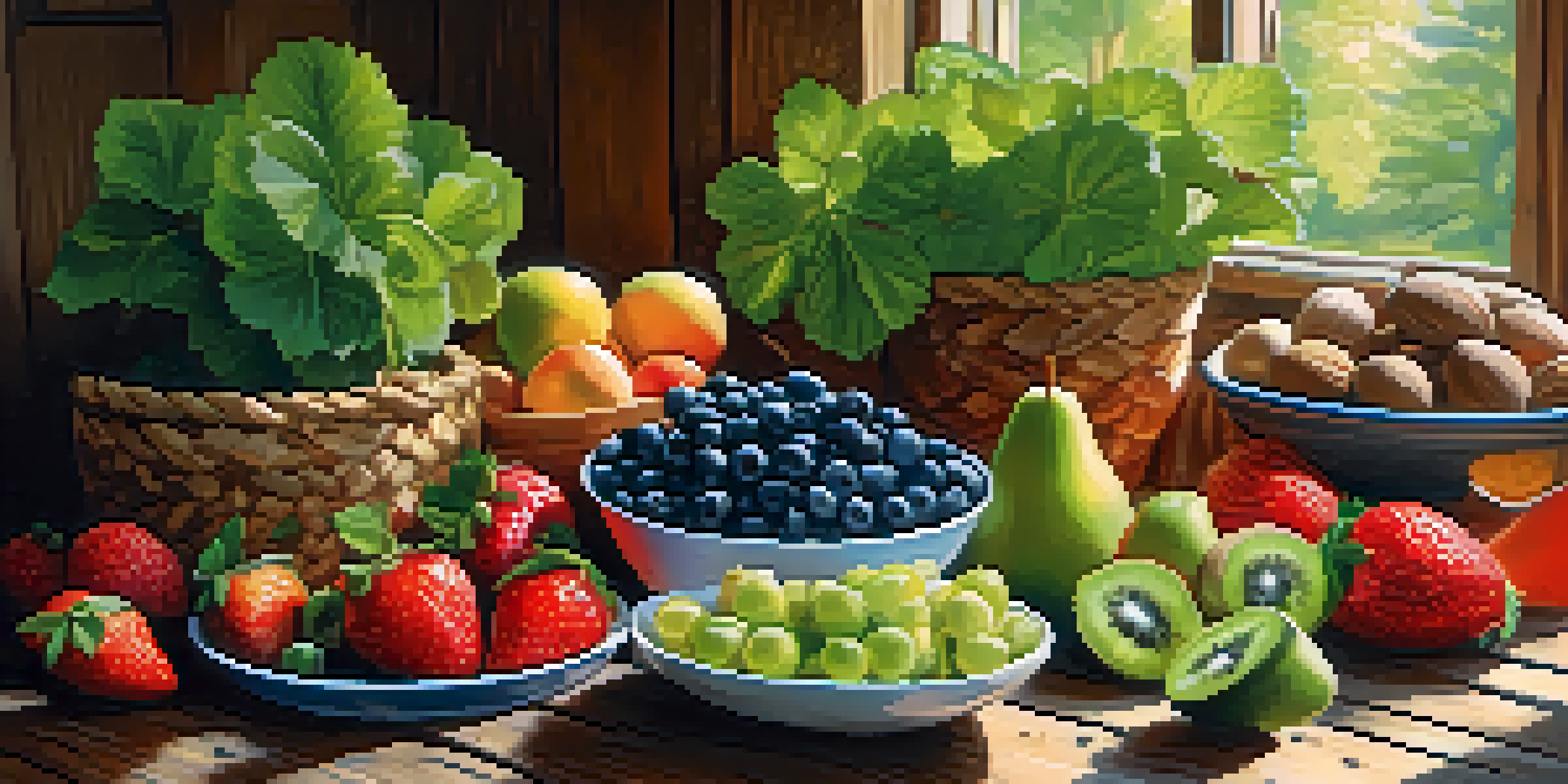 A variety of fresh raw fruits and vegetables displayed on a wooden table, illuminated by natural sunlight.