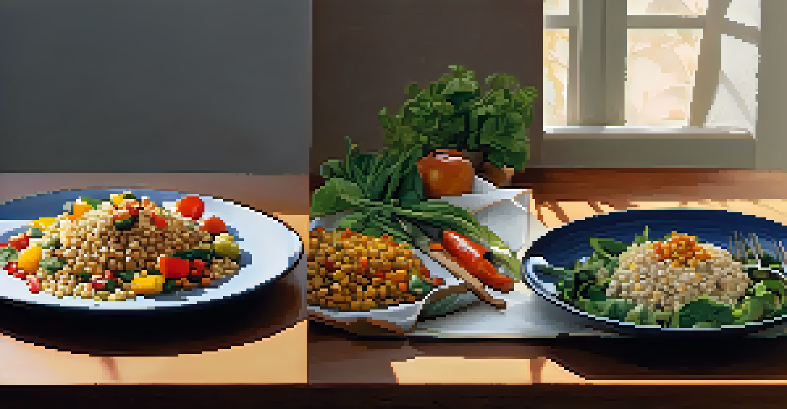 A split image depicting a plated cooked meal on one side and a colorful raw salad on the other, showcasing the contrast between cooked and raw foods.