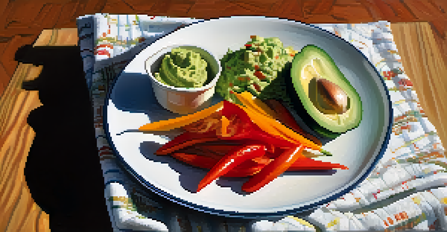 A platter of sliced cucumbers and bell peppers with guacamole in a bowl.