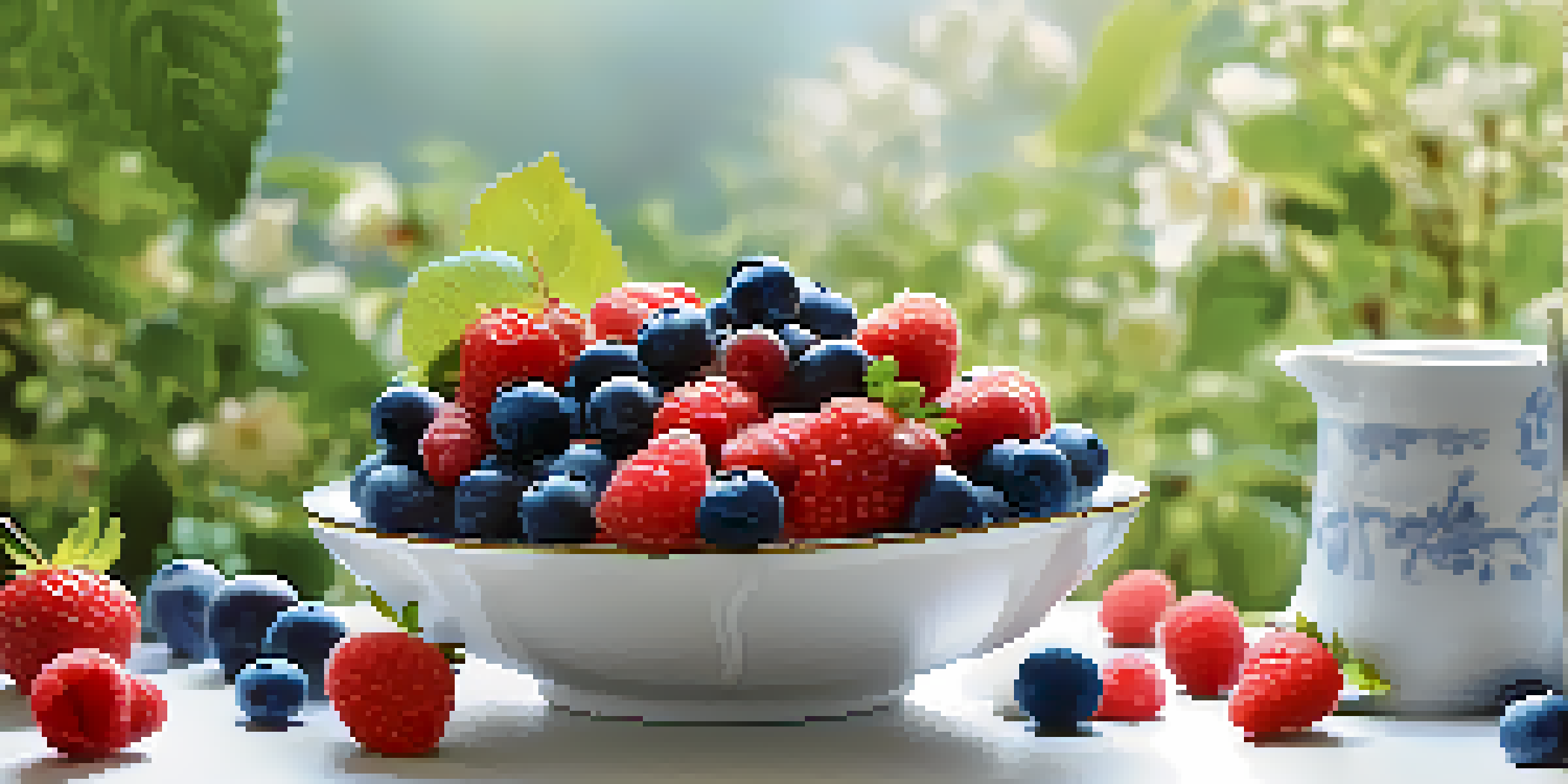 A plate of fresh berries with a garden background, showcasing vibrant colors and freshness.