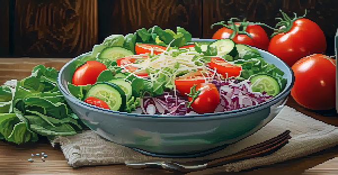 A close-up view of a colorful salad bowl with fresh vegetables and sauerkraut, set on a wooden table with natural light.
