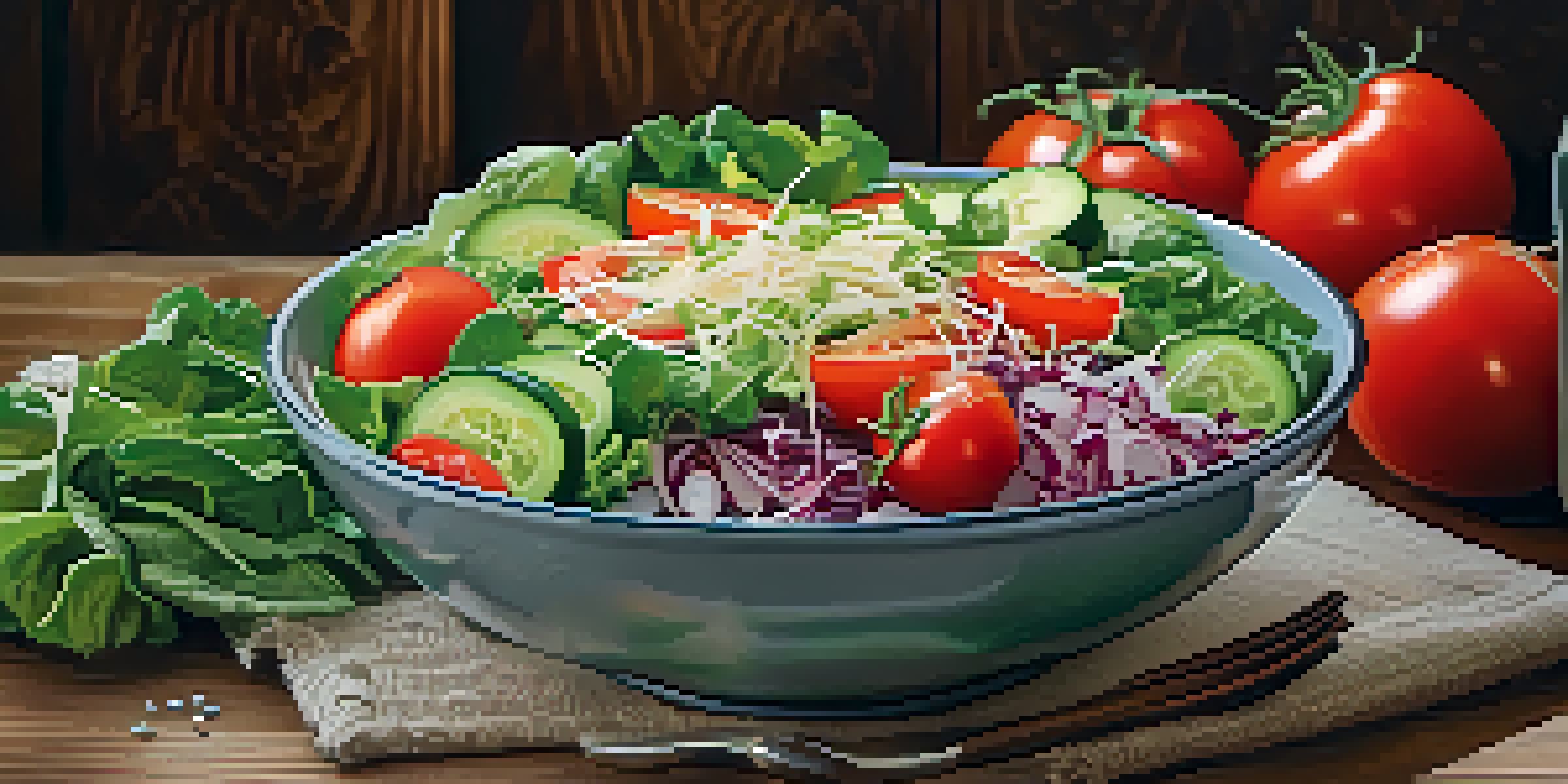 A close-up view of a colorful salad bowl with fresh vegetables and sauerkraut, set on a wooden table with natural light.