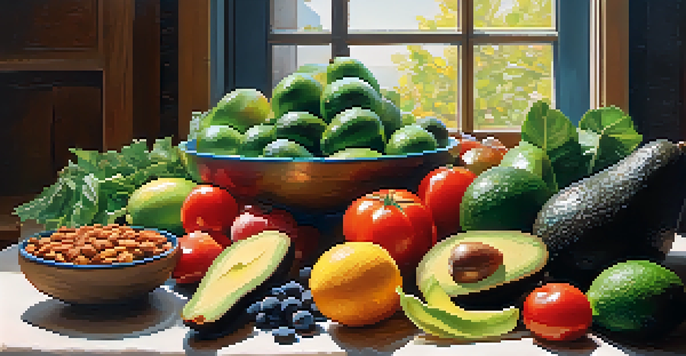 A colorful array of raw fruits and vegetables displayed on a wooden table, illuminated by soft natural light.