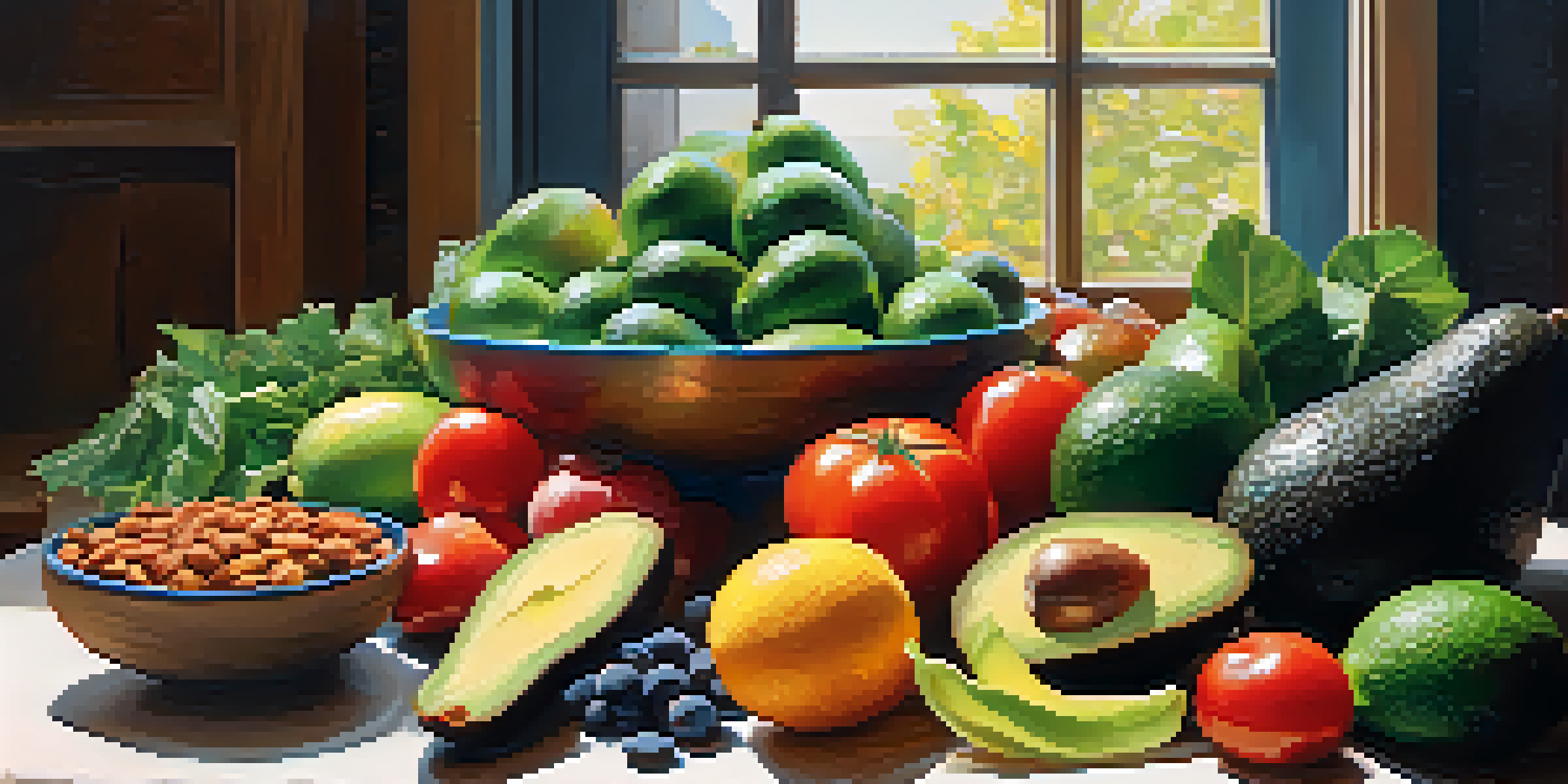 A colorful array of raw fruits and vegetables displayed on a wooden table, illuminated by soft natural light.
