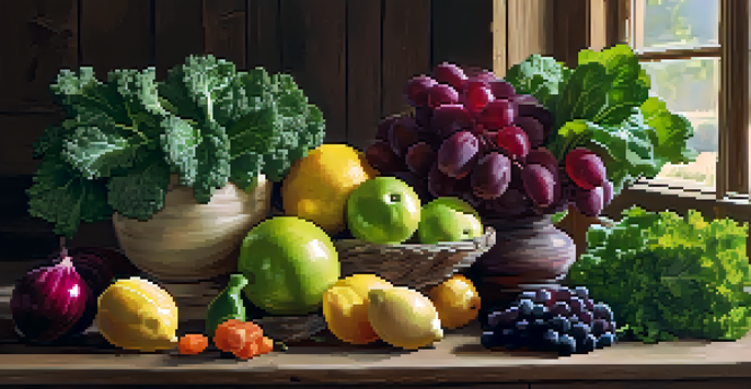 A beautiful display of fresh raw fruits and vegetables on a wooden table, illuminated by natural light.