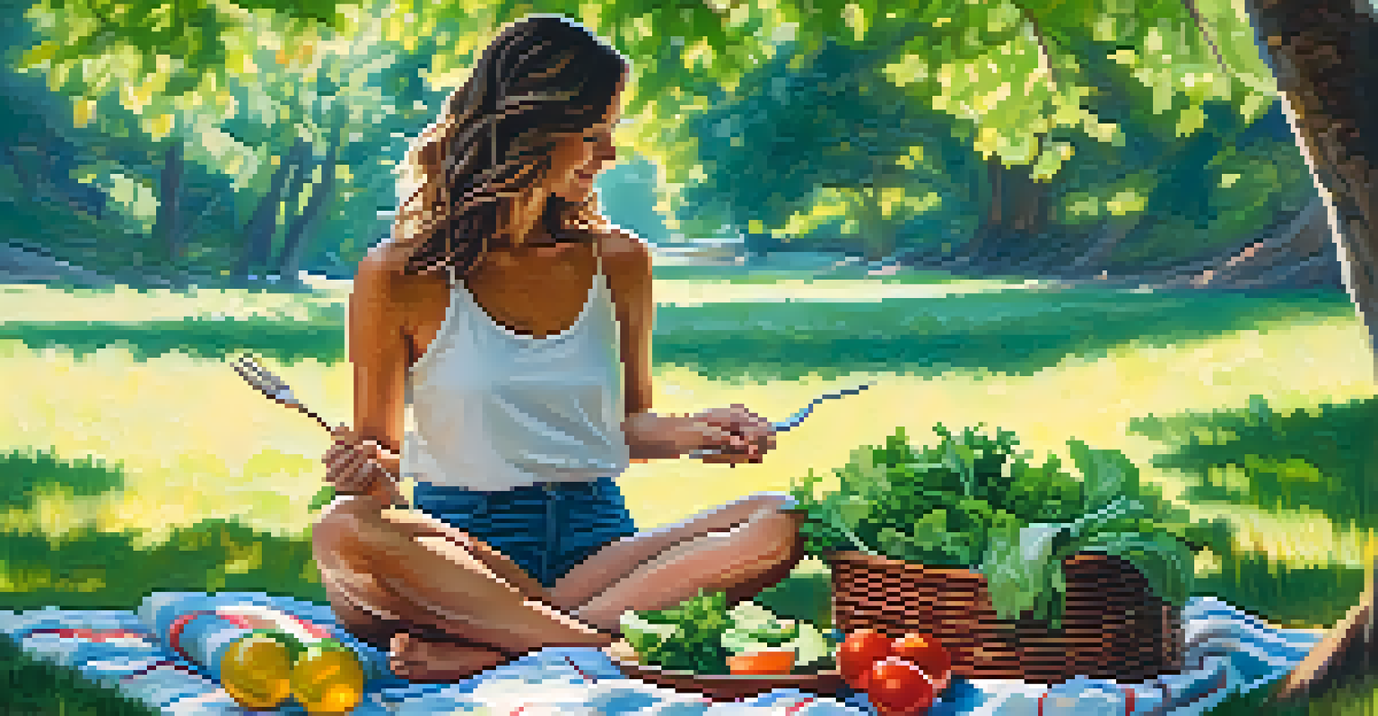 A person enjoying a raw salad on a picnic blanket in a serene outdoor setting surrounded by greenery and sunlight.