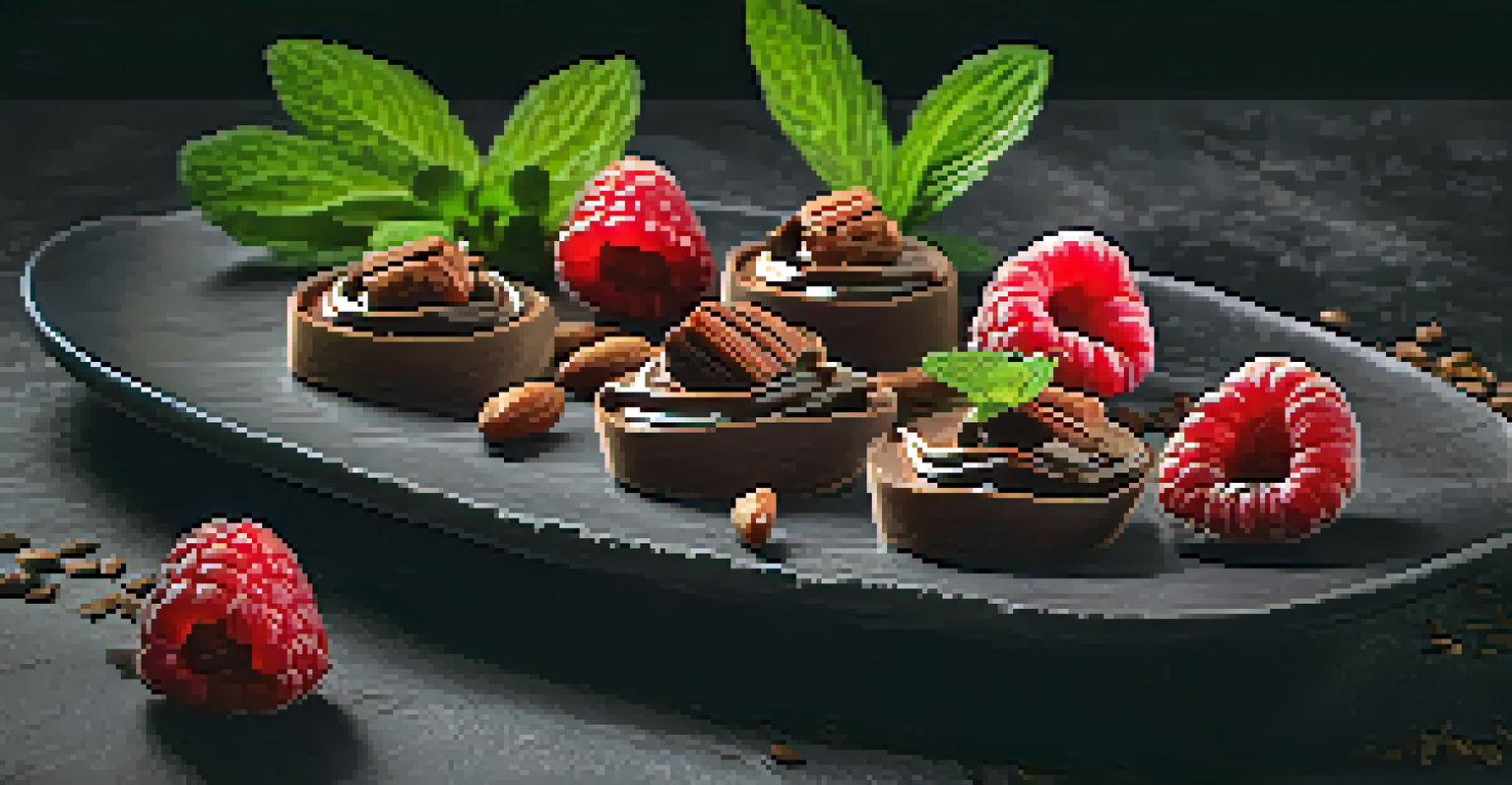 A close-up of a raw vegan dessert featuring dates, cacao, and berries, artfully presented on a slate plate.