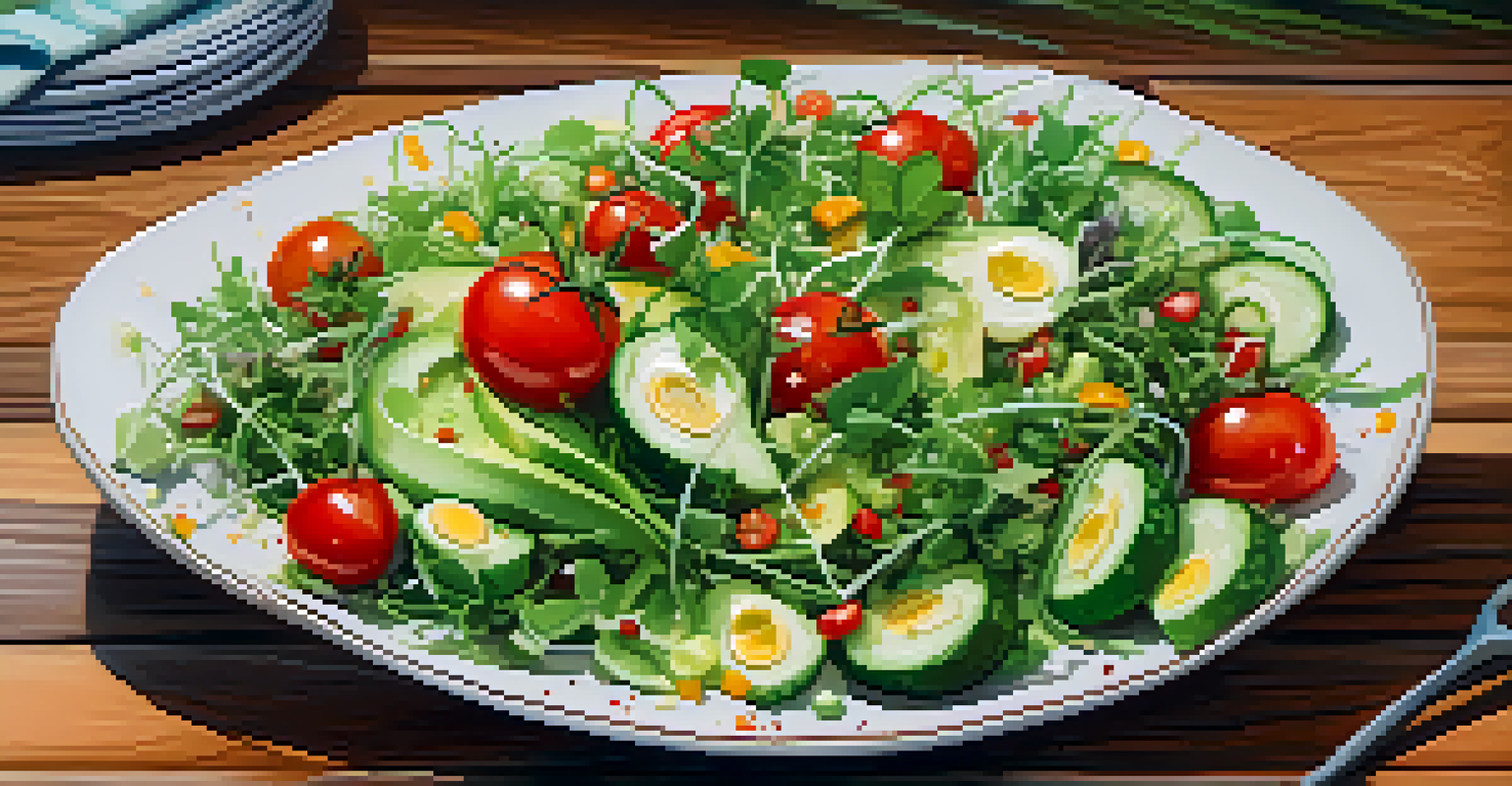 A healthy salad topped with sprouts, cherry tomatoes, and cucumbers on a wooden table, with a blurred background.