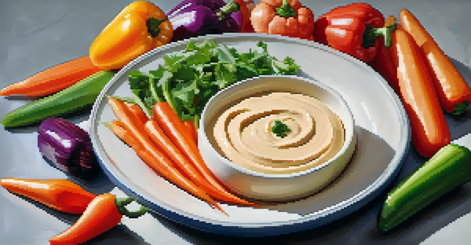 A platter of sliced colorful vegetables with a bowl of hummus in the center, under soft lighting.