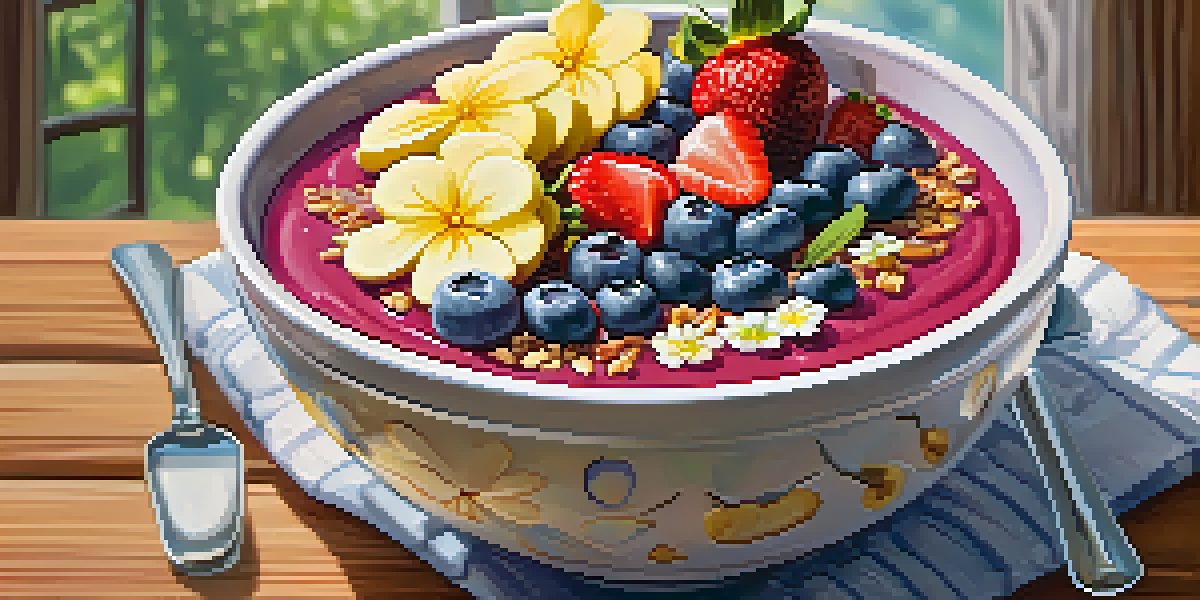 A colorful smoothie bowl with fresh fruits and edible flowers on a wooden table, illuminated by soft natural light.